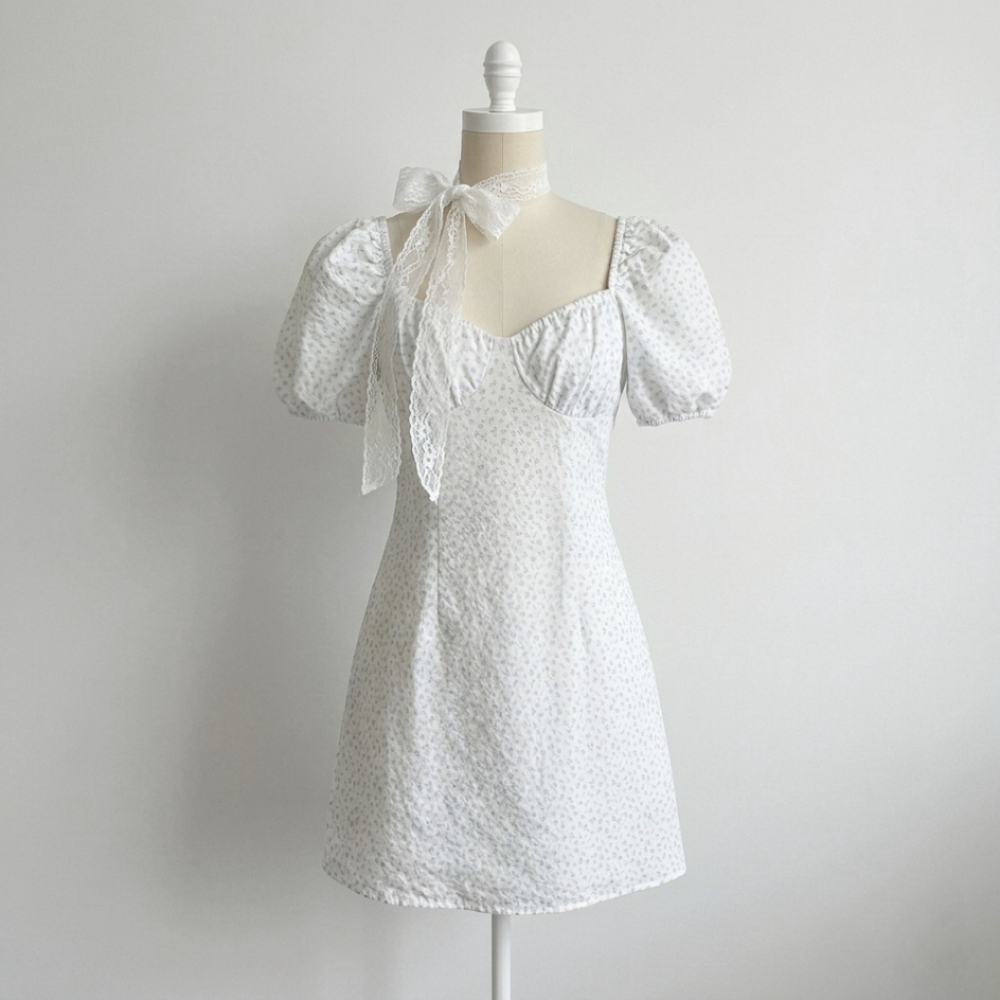 H&M Divided White Puff-Sleeve Mini Dress With Baby Blue Floral Pattern